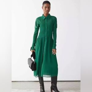 Other Stories Shirt Dress Flowing Smocked Button Up Midi US 2 Dark Green